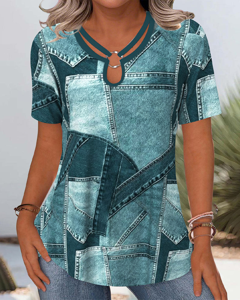 Deniva™ | Denim-look blouse met patchprint
