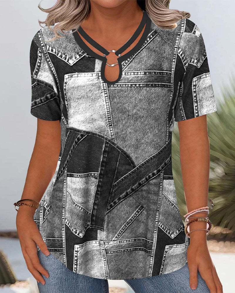 Deniva™ | Denim-look blouse met patchprint