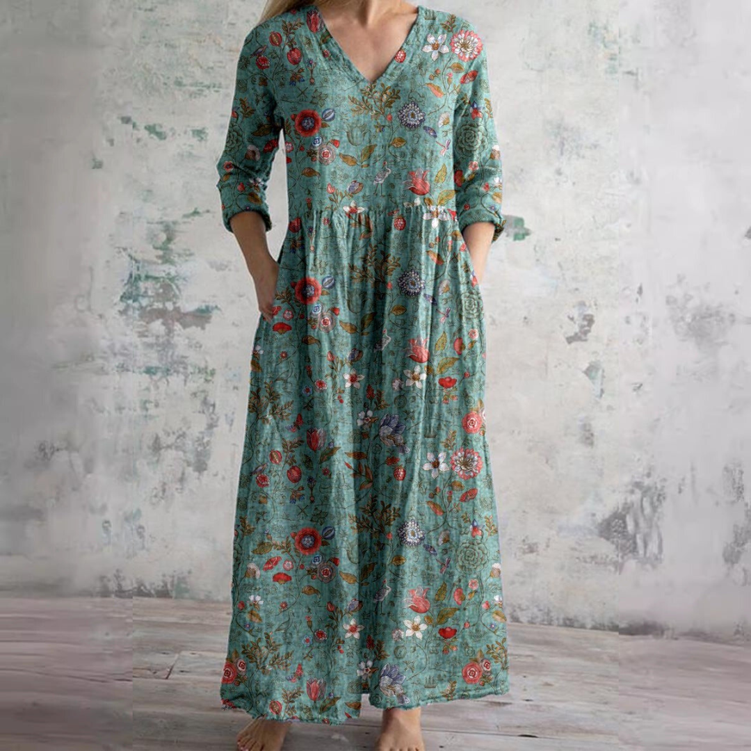Truus - Dames Zomerjurk met V-hals en Bloemenpatroon