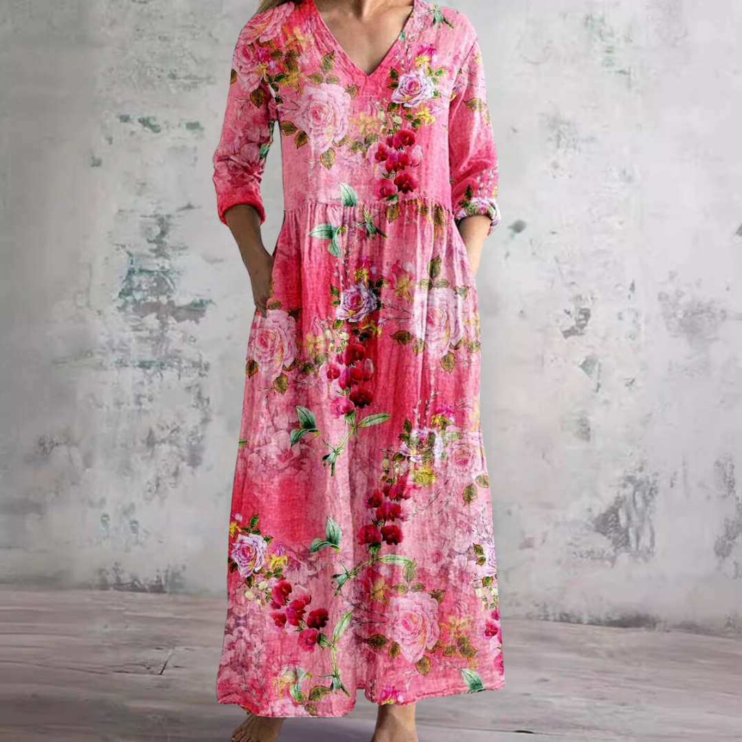 Truus - Dames Zomerjurk met V-hals en Bloemenpatroon