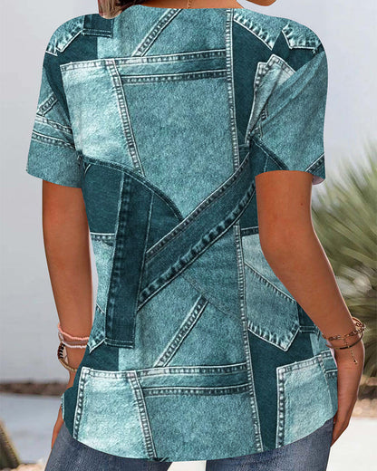 Deniva™ | Denim-look blouse met patchprint