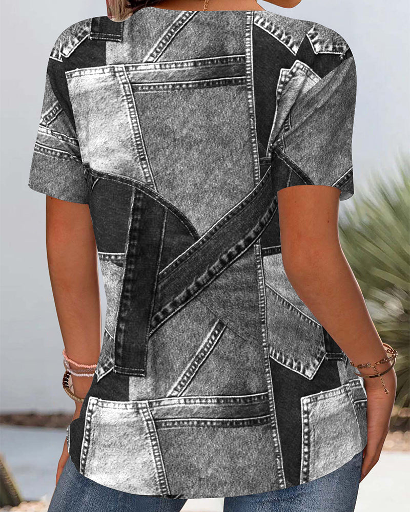 Deniva™ | Denim-look blouse met patchprint