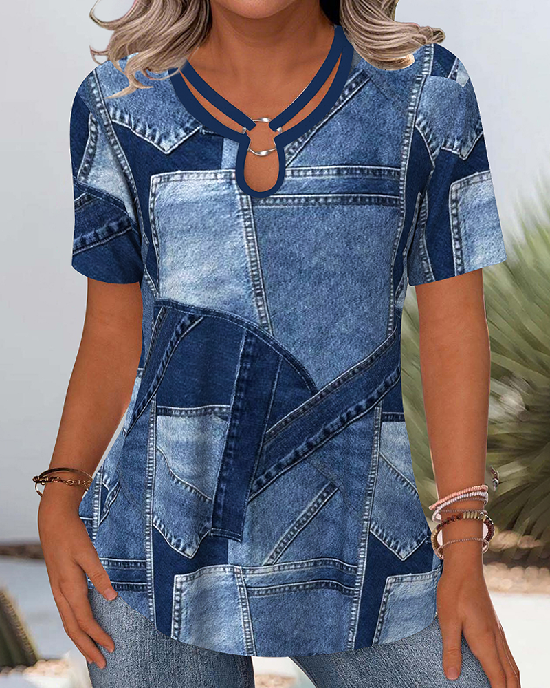 Deniva™ | Denim-look blouse met patchprint