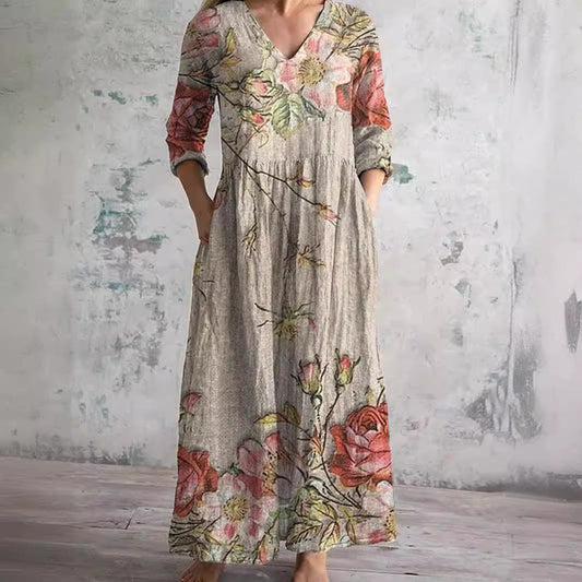 Truus - Dames Zomerjurk met V-hals en Bloemenpatroon