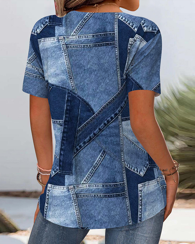 Deniva™ | Denim-look blouse met patchprint